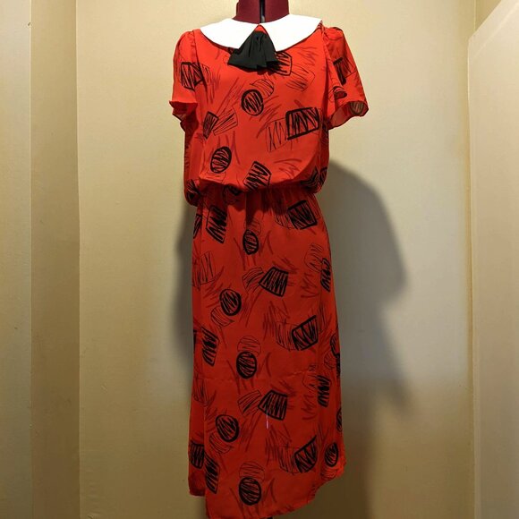 Vintage 80s J.B. Too Red & Black Graphic Print Dress – Size 14 (Fits M/L) - Picture 1 of 15